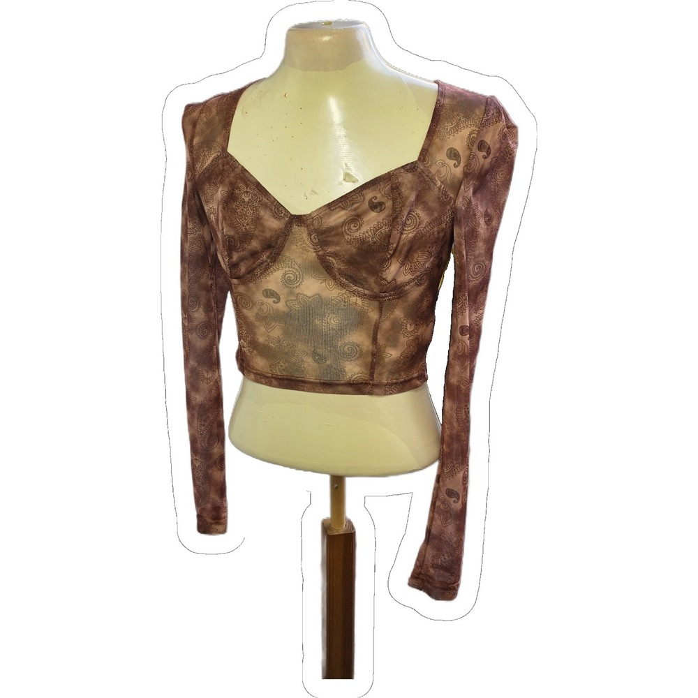 Outcast Mesh Crop Top Brown Paisley Sheer Long Sleeve Y2K Women